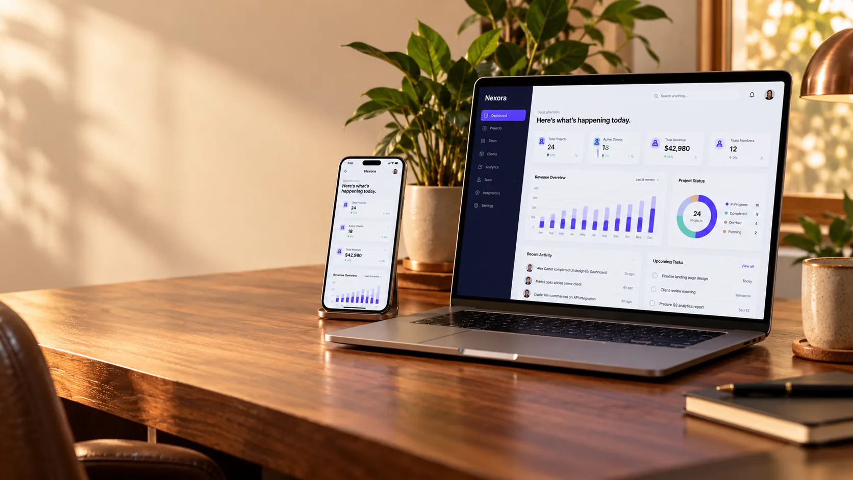 A laptop and phone showing a project dashboard on a wooden desk in warm evening light