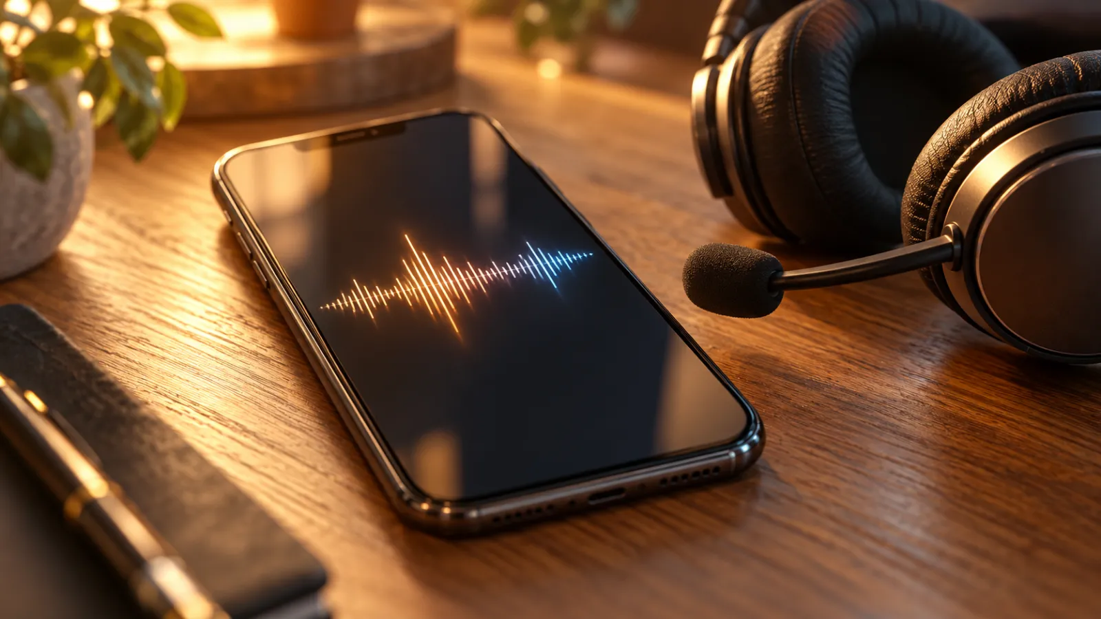 A phone on a wooden desk showing a live voice waveform, beside a headset with a microphone