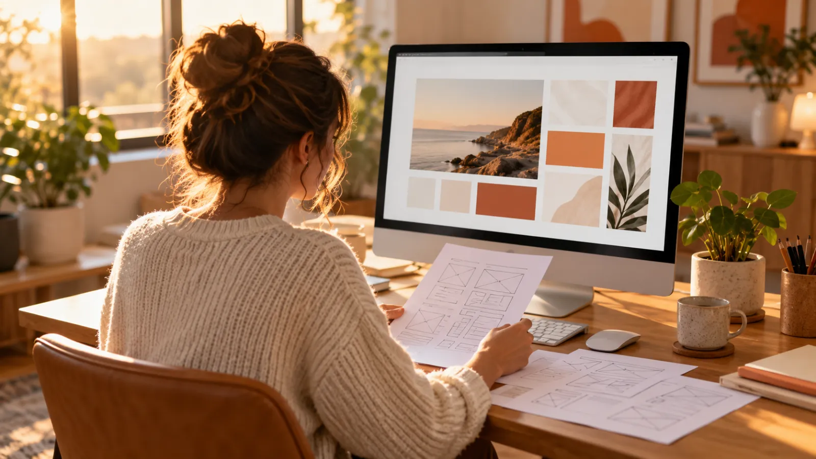 A designer sketching page layouts at a desk beside a screen showing a website mockup