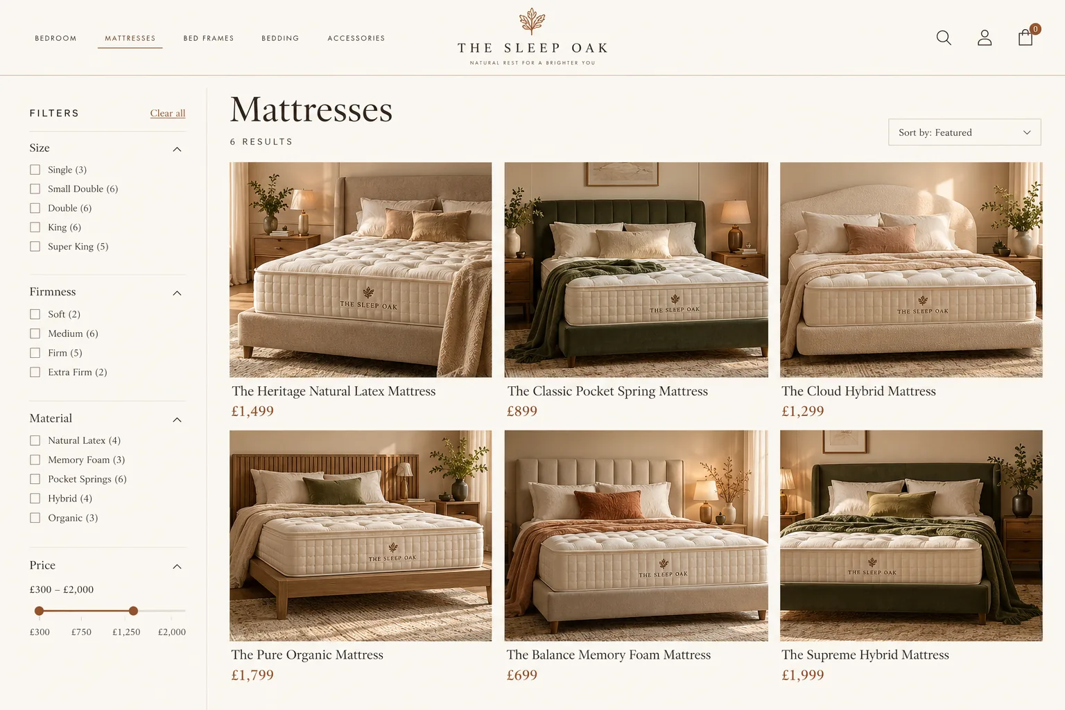 The Sleep Oak collection page with size, firmness and price filters