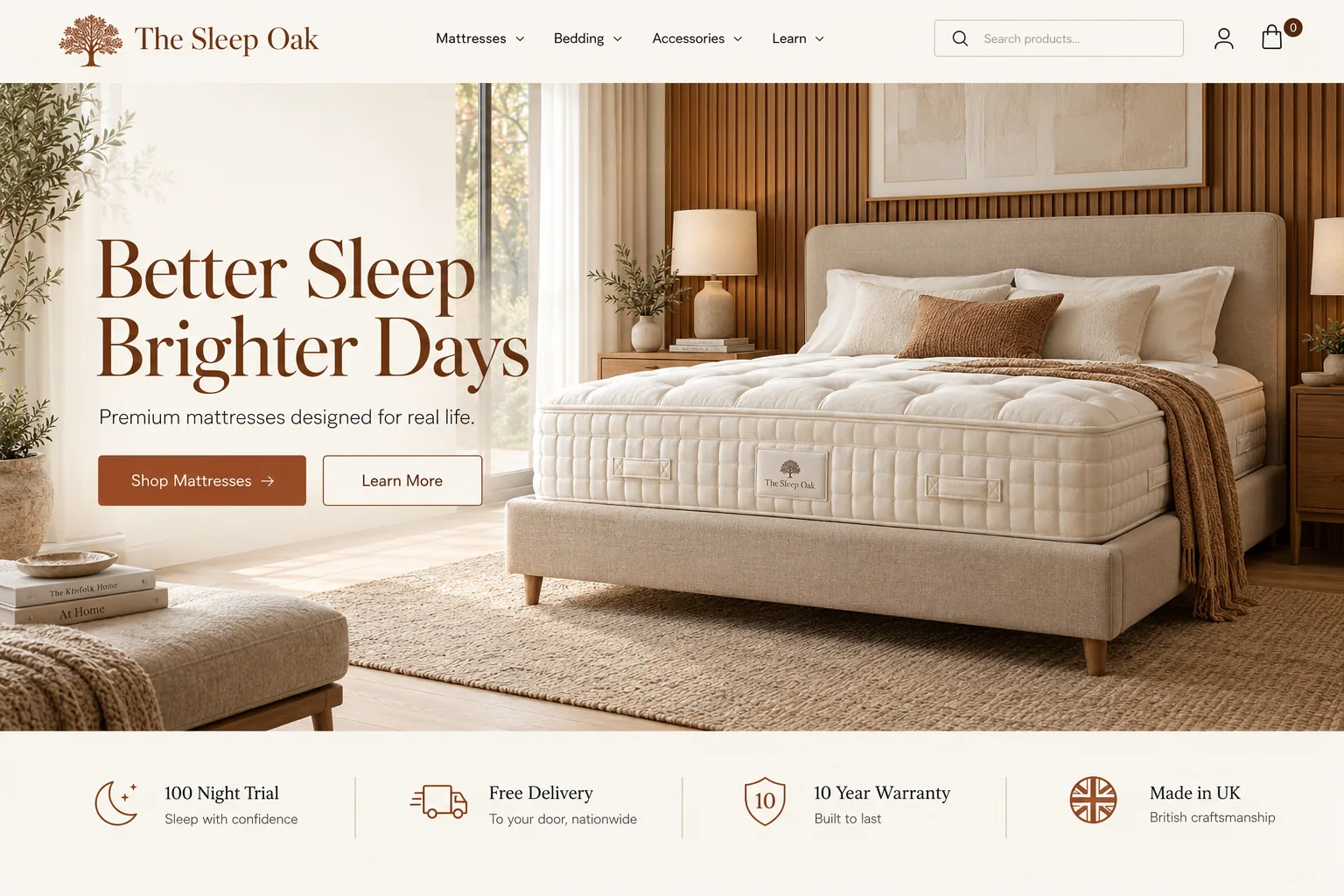 The Sleep Oak homepage with a bedroom photo and the headline Better Sleep, Brighter Days