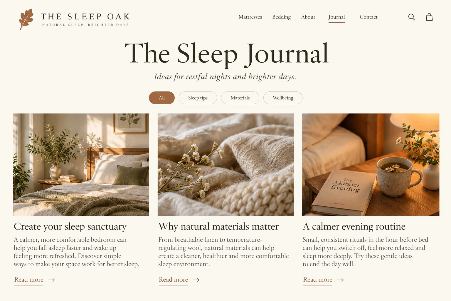 The Sleep Oak journal page with three articles