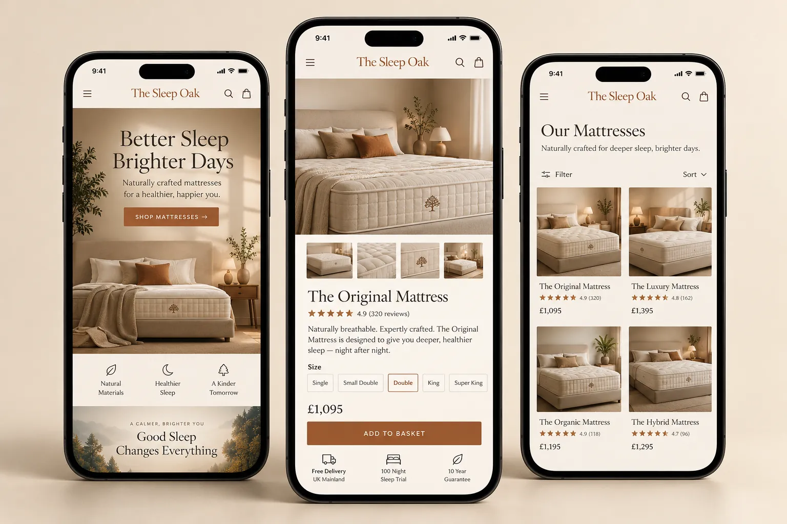 Three phones showing The Sleep Oak homepage, product page and collection